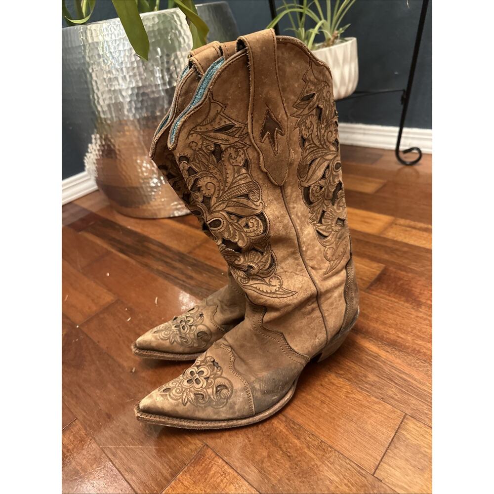 Corral Vintage Boots Ladies 8.5M C1029 Tan Laser In Lay Western Cowboy Leather